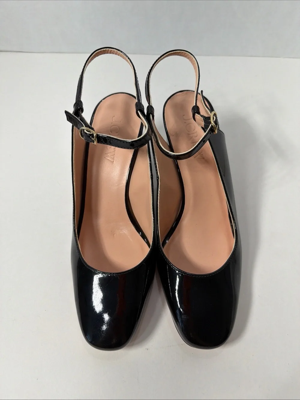J Crew BLACK PATENT MAISIE ANKLE STRAP BLOCK HEELS Size 7.5 US NWOB